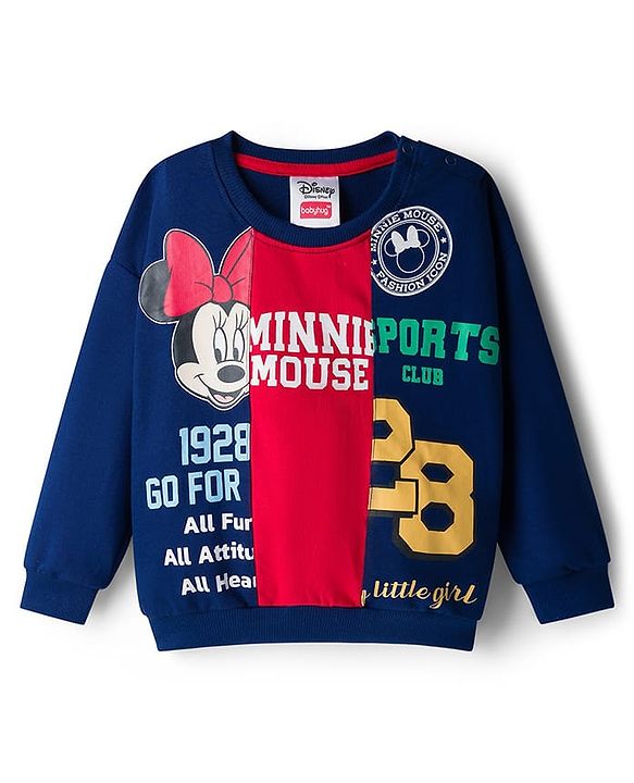 Babyhug Disney Terry Knit Full Sleeves Cut & Sew Sweatshirt & Track Pant Set With Minnie Graphics - Navy Blue
