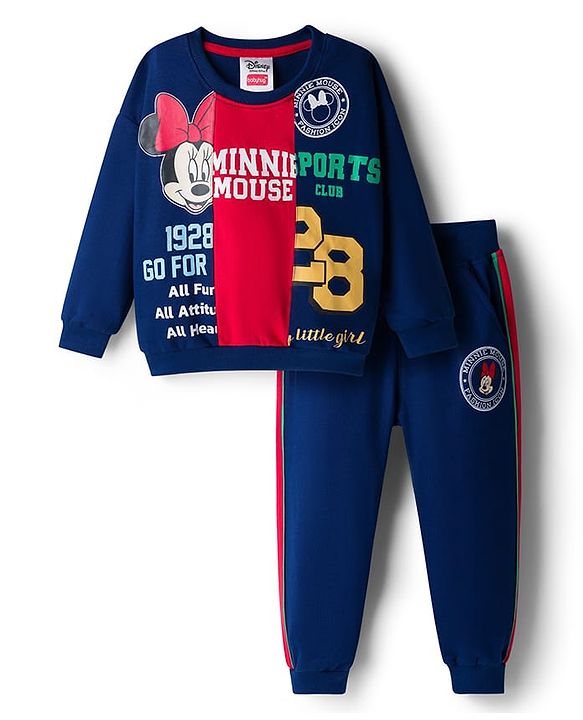 Babyhug Disney Terry Knit Full Sleeves Cut & Sew Sweatshirt & Track Pant Set With Minnie Graphics - Navy Blue