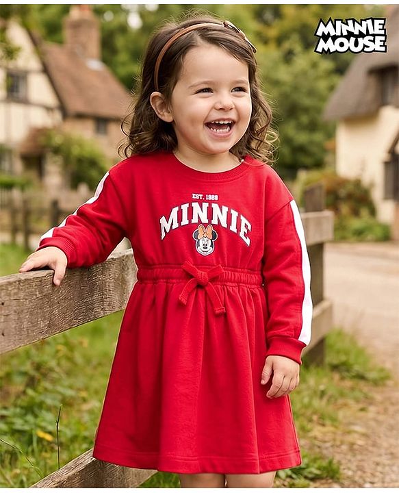 Babyhug Disney Terry Knit Drop Shoulder Full Sleeves Oversized Dress With Minnie Mouse Graphics - Maroon