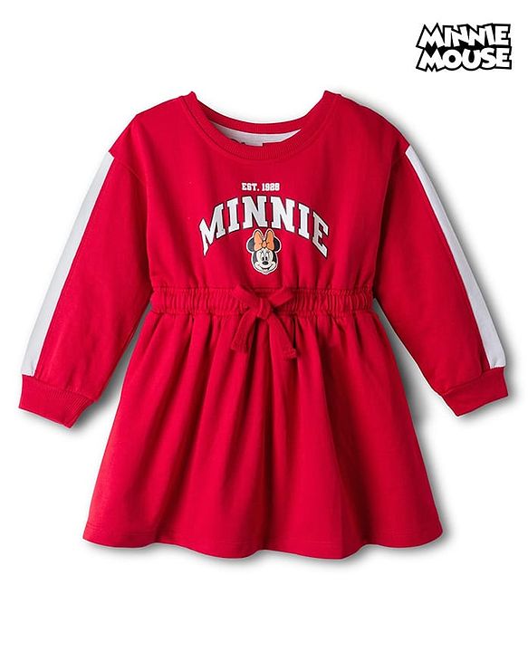 Babyhug Disney Terry Knit Drop Shoulder Full Sleeves Oversized Dress With Minnie Mouse Graphics - Maroon