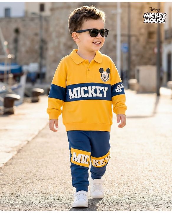 Babyhug Disney Terry Knit Full Sleeves Cut & Sew Polo T-Shirt & Lounge Pant Set with Mickey Mouse Graphics - Yellow