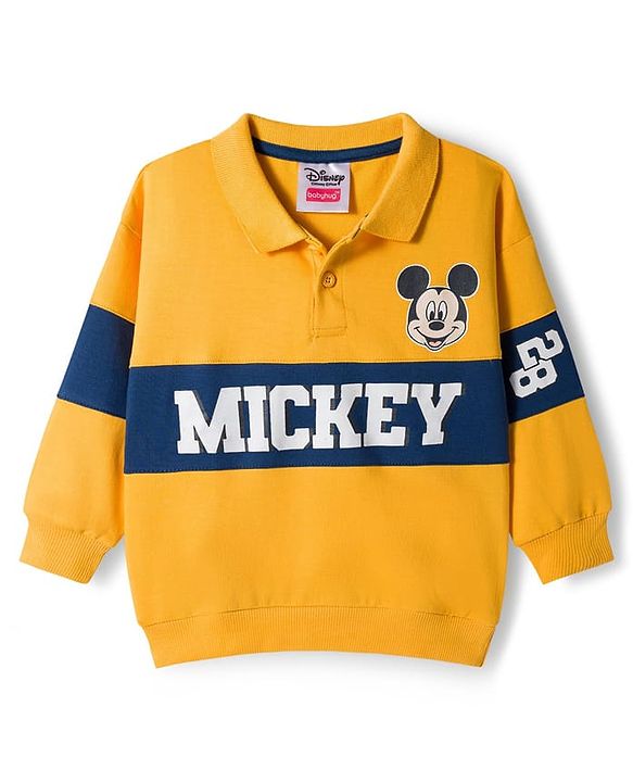 Babyhug Disney Terry Knit Full Sleeves Cut & Sew Polo T-Shirt & Lounge Pant Set with Mickey Mouse Graphics - Yellow