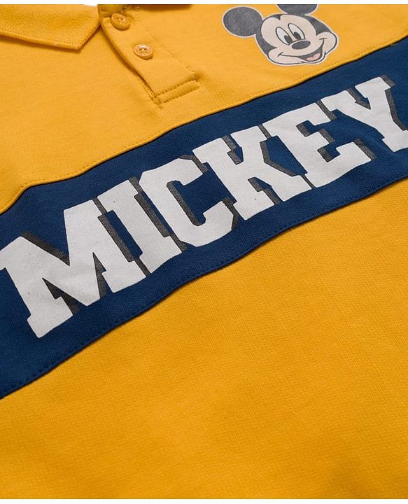 Babyhug Disney Terry Knit Full Sleeves Cut & Sew Polo T-Shirt & Lounge Pant Set with Mickey Mouse Graphics - Yellow