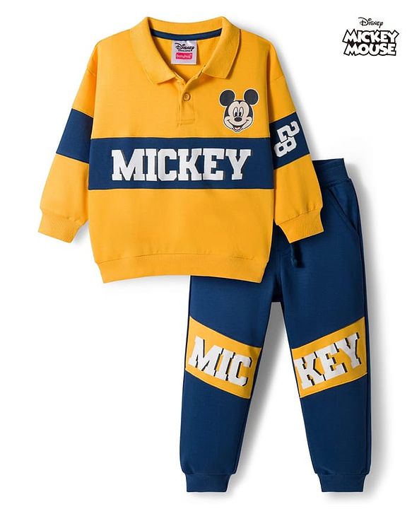 Babyhug Disney Terry Knit Full Sleeves Cut & Sew Polo T-Shirt & Lounge Pant Set with Mickey Mouse Graphics - Yellow