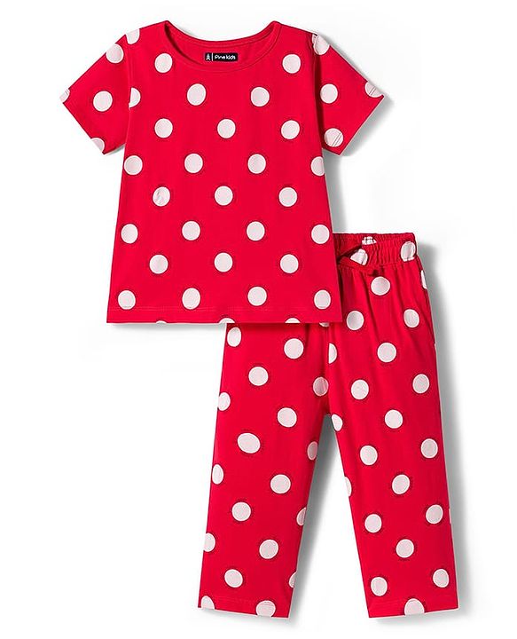 Pine Kids Single Jersey Knit  Half Sleeves Capri Co-Ord Night Suit with Polka Dots - Red
