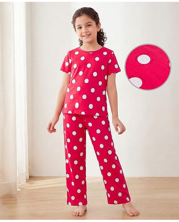 Pine Kids Single Jersey Knit  Half Sleeves Capri Co-Ord Night Suit with Polka Dots - Red