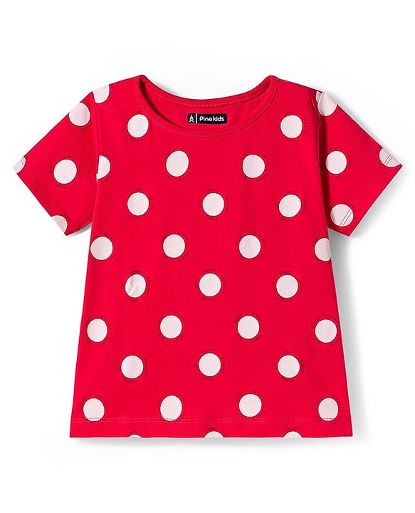 Pine Kids Single Jersey Knit  Half Sleeves Capri Co-Ord Night Suit with Polka Dots - Red