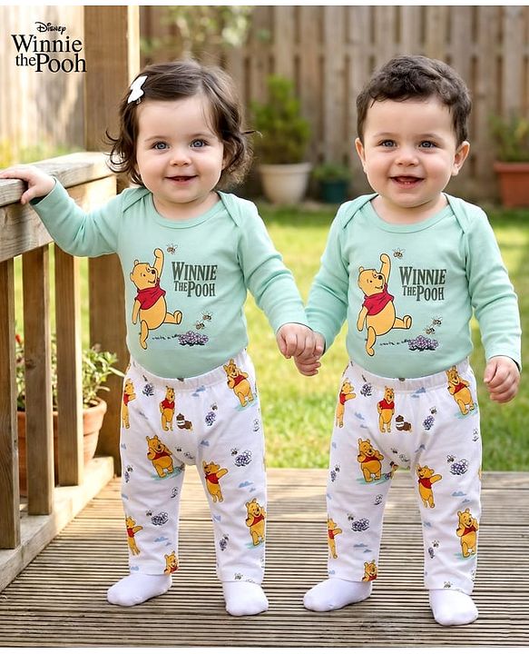 Babyhug Disney Interlock Knit Full Sleeves Onesie with Leggeing Set & Winnie the Pooh Graphic - Sea Green & White
