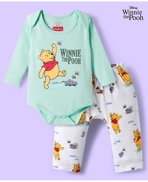 Babyhug Disney Interlock Knit Full Sleeves Onesie with Leggeing Set & Winnie the Pooh Graphic - Sea Green & White