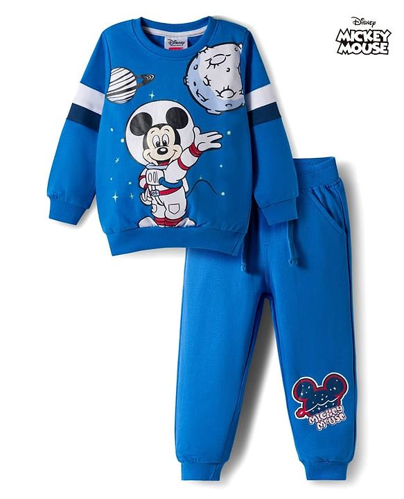 Babyhug Disney Terry Knit  Full Sleeves Sweatshirt and Track Pant with Mickey Mouse Graphic - Blue