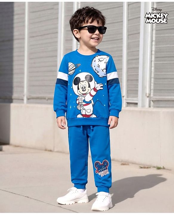 Babyhug Disney Terry Knit  Full Sleeves Sweatshirt and Track Pant with Mickey Mouse Graphic - Blue