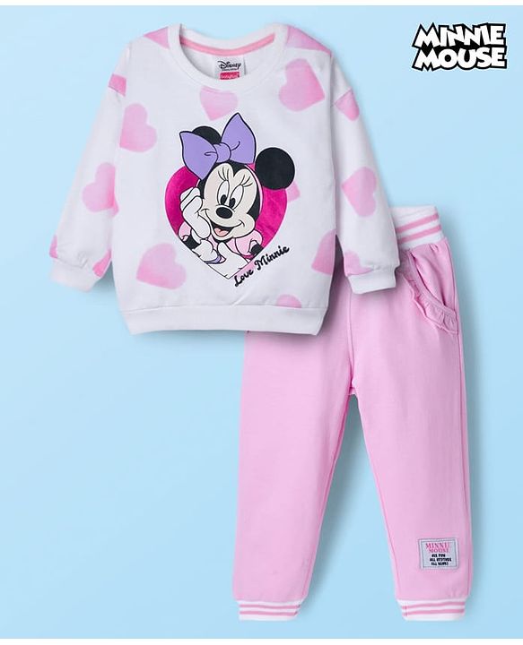 Babyhug Disney Terry Knit Drop Shoulder Full Sleeves Sweatshirt & Lounge Pant Set with Minnie Mouse Graphic - Pink