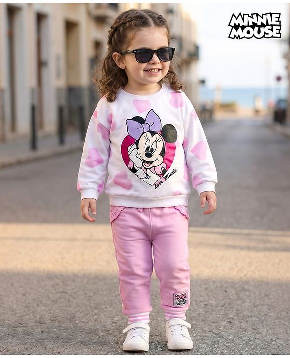 Babyhug Disney Terry Knit Drop Shoulder Full Sleeves Sweatshirt & Lounge Pant Set with Minnie Mouse Graphic - Pink