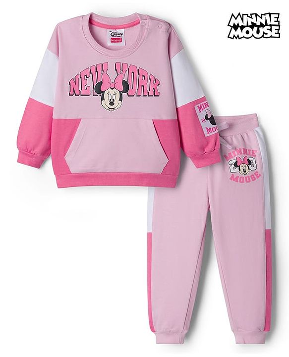 Babyhug Disney Terry Knit Full Sleeves Cut & Sew Sweatshirt & Lounge Pant Set with Minnie Mouse Graphic & Kangaroo Pocket - Pink