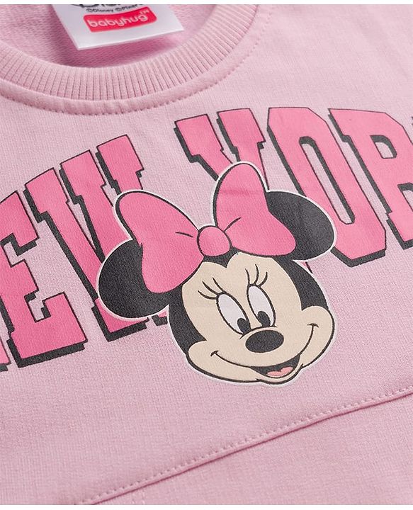 Babyhug Disney Terry Knit Full Sleeves Cut & Sew Sweatshirt & Lounge Pant Set with Minnie Mouse Graphic & Kangaroo Pocket - Pink