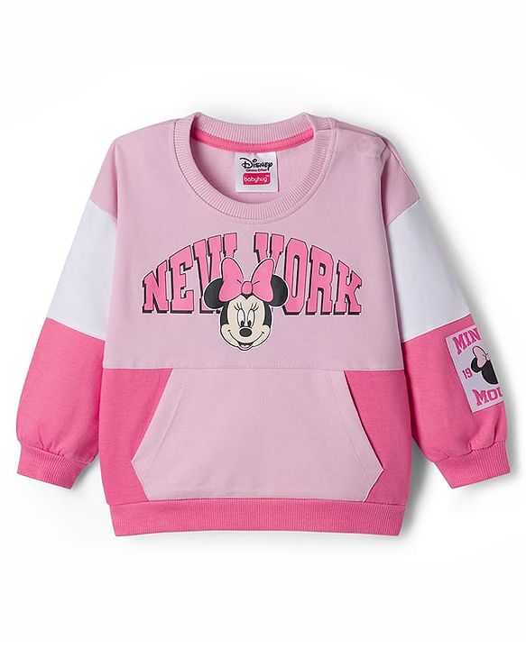 Babyhug Disney Terry Knit Full Sleeves Cut & Sew Sweatshirt & Lounge Pant Set with Minnie Mouse Graphic & Kangaroo Pocket - Pink