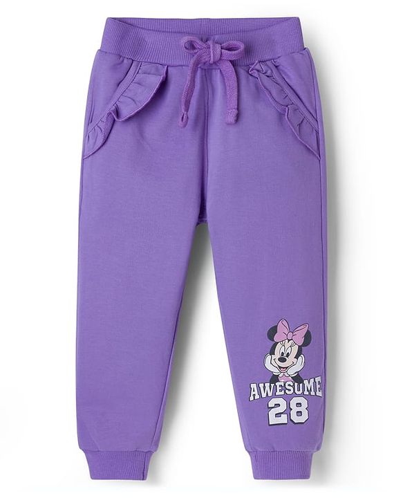 Babyhug Disney Terry Knit Drop Shoulder Full Sleeves Cut and Sew Sweatshirt and Track Pants with Minnie Graphic - Purple & Light Blue