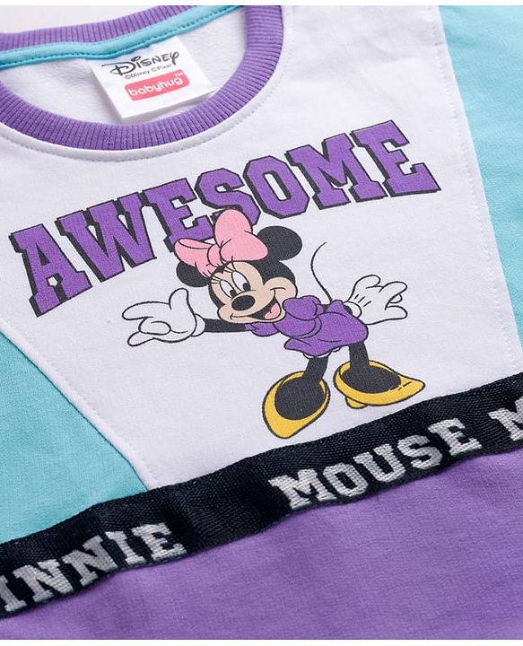 Babyhug Disney Terry Knit Drop Shoulder Full Sleeves Cut and Sew Sweatshirt and Track Pants with Minnie Graphic - Purple & Light Blue