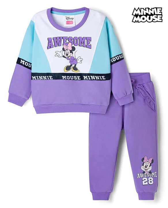 Babyhug Disney Terry Knit Drop Shoulder Full Sleeves Cut and Sew Sweatshirt and Track Pants with Minnie Graphic - Purple & Light Blue