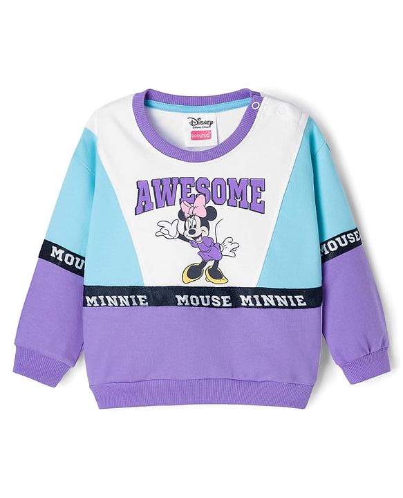 Babyhug Disney Terry Knit Drop Shoulder Full Sleeves Cut and Sew Sweatshirt and Track Pants with Minnie Graphic - Purple & Light Blue