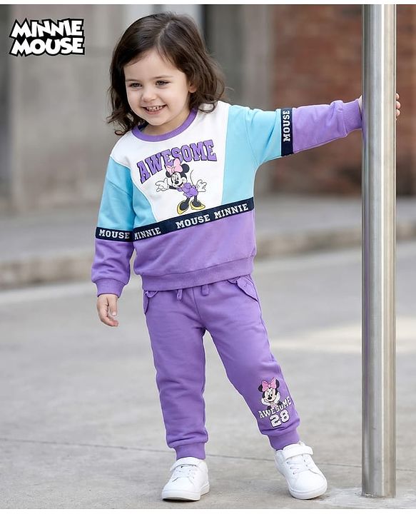 Babyhug Disney Terry Knit Drop Shoulder Full Sleeves Cut and Sew Sweatshirt and Track Pants with Minnie Graphic - Purple & Light Blue