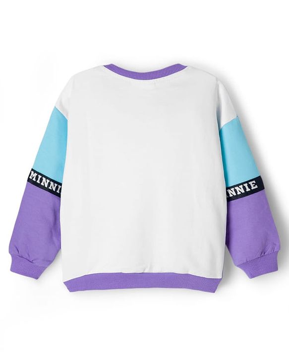 Babyhug Disney Terry Knit Drop Shoulder Full Sleeves Cut and Sew Sweatshirt and Track Pants with Minnie Graphic - Purple & Light Blue