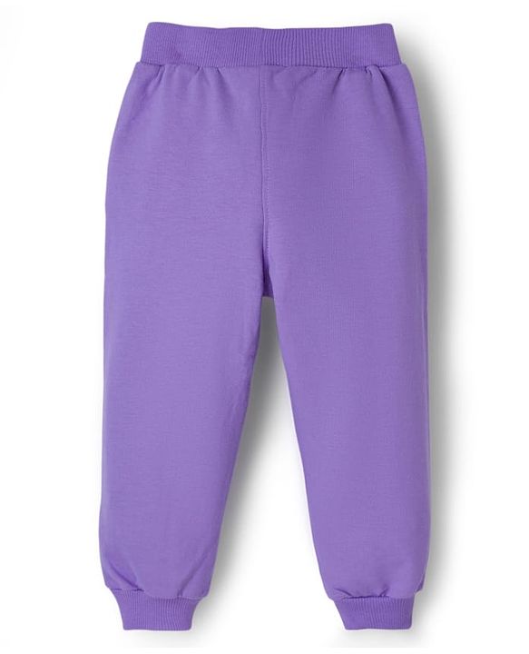 Babyhug Disney Terry Knit Drop Shoulder Full Sleeves Cut and Sew Sweatshirt and Track Pants with Minnie Graphic - Purple & Light Blue