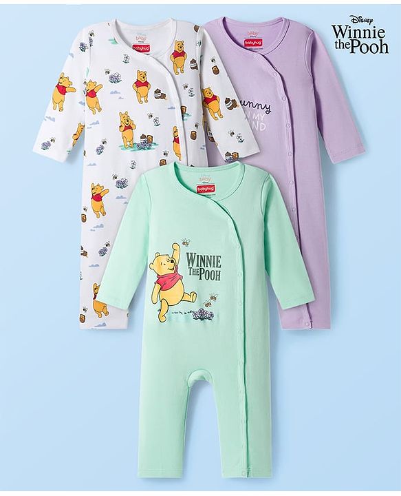 Babyhug Disney Interlock Knit Full Sleeves Romper with Winnie the Pooh Graphic Pack of 3 - White Lavender & Sea Green