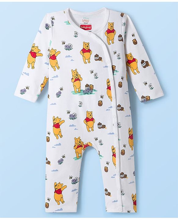 Babyhug Disney Interlock Knit Full Sleeves Romper with Winnie the Pooh Graphic Pack of 3 - White Lavender & Sea Green