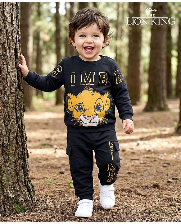 Babyhug Disney Terry Knit Full Sleeves Sweatshirt & Lounge Pant Set with Lion King Graphic - Black