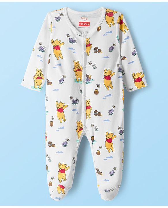 Babyhug Disney Interlock Knit Full Sleeves Sleepsuit With Winnie the Pooh Print Pack of 2 - White & Purple