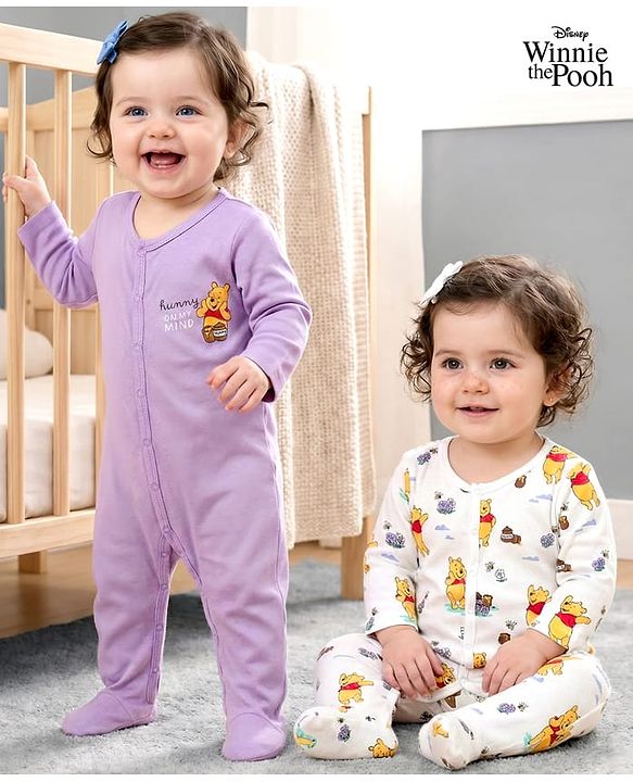 Babyhug Disney Interlock Knit Full Sleeves Sleepsuit With Winnie the Pooh Print Pack of 2 - White & Purple