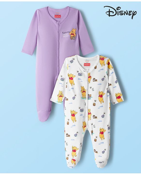 Babyhug Disney Interlock Knit Full Sleeves Sleepsuit With Winnie the Pooh Print Pack of 2 - White & Purple