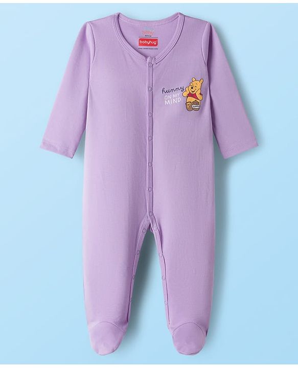 Babyhug Disney Interlock Knit Full Sleeves Sleepsuit With Winnie the Pooh Print Pack of 2 - White & Purple