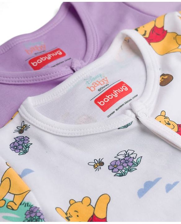 Babyhug Disney Interlock Knit Full Sleeves Sleepsuit With Winnie the Pooh Print Pack of 2 - White & Purple