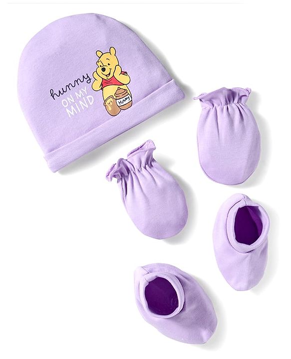 Babyhug Disney Interlock Knit Cap, Mittens and Booties Set with Winnie the Pooh Graphics Lilac - Diameter 17.5 cm