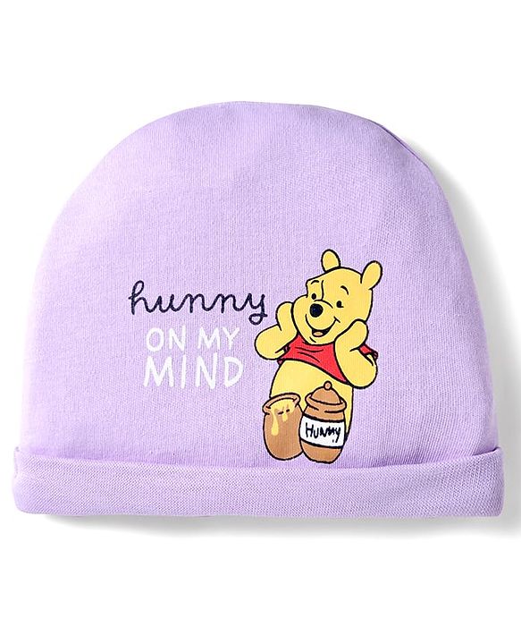 Babyhug Disney Interlock Knit Cap, Mittens and Booties Set with Winnie the Pooh Graphics Lilac - Diameter 17.5 cm