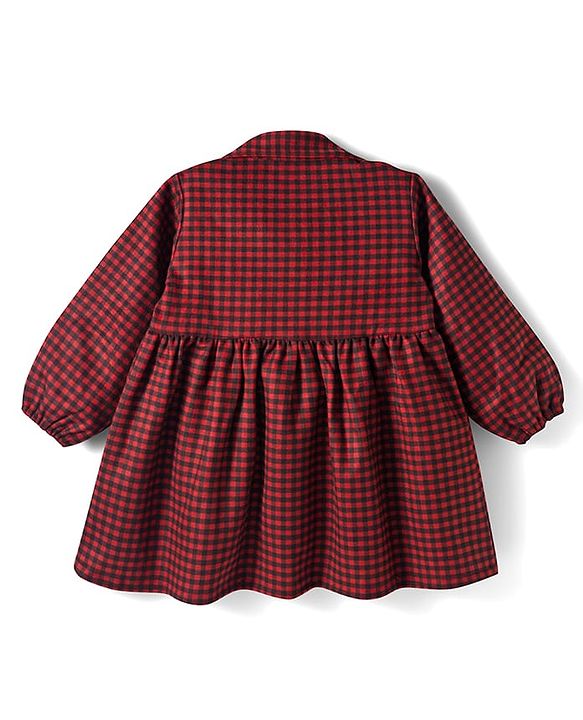 Babyhug Suede Woven Full Sleeves Winter Frocks with Checks - Maroon