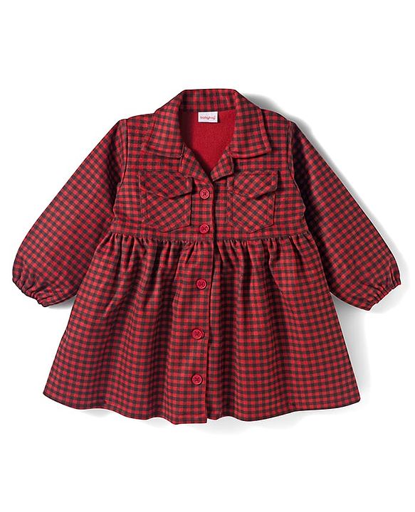 Babyhug Suede Woven Full Sleeves Winter Frocks with Checks - Maroon