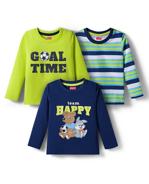 Babyhug 100% Cotton Knit Full Sleeves T-Shirts with Stripe & Happy & Goal Time Text Print Pack of 3 - Navy Blue & Lime Green