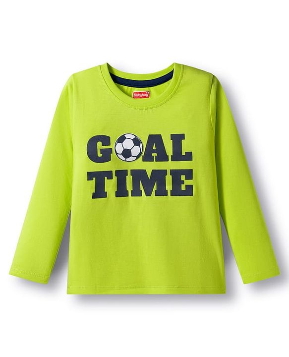 Babyhug 100% Cotton Knit Full Sleeves T-Shirts with Stripe & Happy & Goal Time Text Print Pack of 3 - Navy Blue & Lime Green