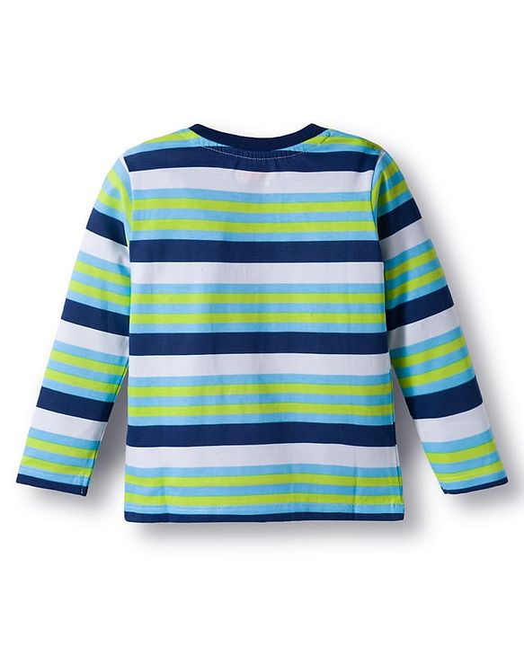 Babyhug 100% Cotton Knit Full Sleeves T-Shirts with Stripe & Happy & Goal Time Text Print Pack of 3 - Navy Blue & Lime Green