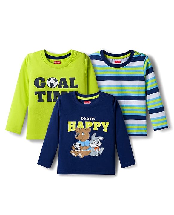 Babyhug 100% Cotton Knit Full Sleeves T-Shirts with Stripe & Happy & Goal Time Text Print Pack of 3 - Navy Blue & Lime Green