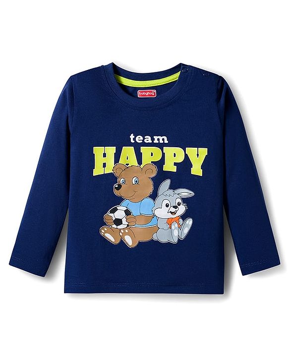 Babyhug 100% Cotton Knit Full Sleeves T-Shirts with Stripe & Happy & Goal Time Text Print Pack of 3 - Navy Blue & Lime Green
