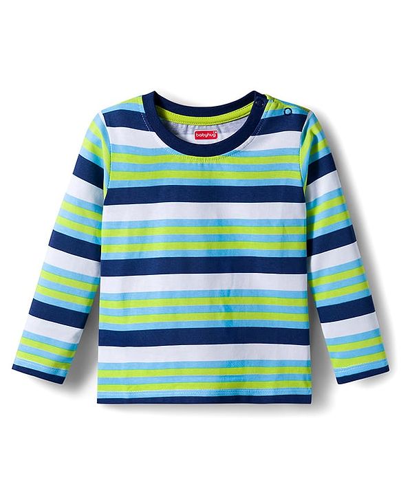 Babyhug 100% Cotton Knit Full Sleeves T-Shirts with Stripe & Happy & Goal Time Text Print Pack of 3 - Navy Blue & Lime Green