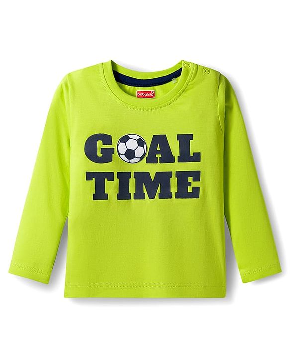 Babyhug 100% Cotton Knit Full Sleeves T-Shirts with Stripe & Happy & Goal Time Text Print Pack of 3 - Navy Blue & Lime Green