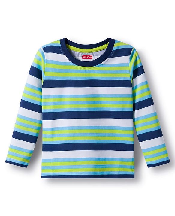 Babyhug 100% Cotton Knit Full Sleeves T-Shirts with Stripe & Happy & Goal Time Text Print Pack of 3 - Navy Blue & Lime Green