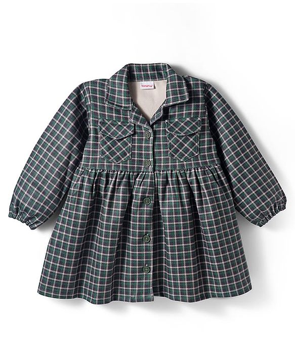 Babyhug Suede Woven Full Sleeves Winter Frocks with Checks - Dark Green
