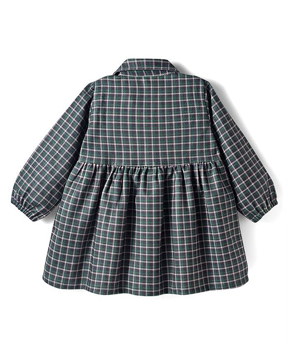 Babyhug Suede Woven Full Sleeves Winter Frocks with Checks - Dark Green