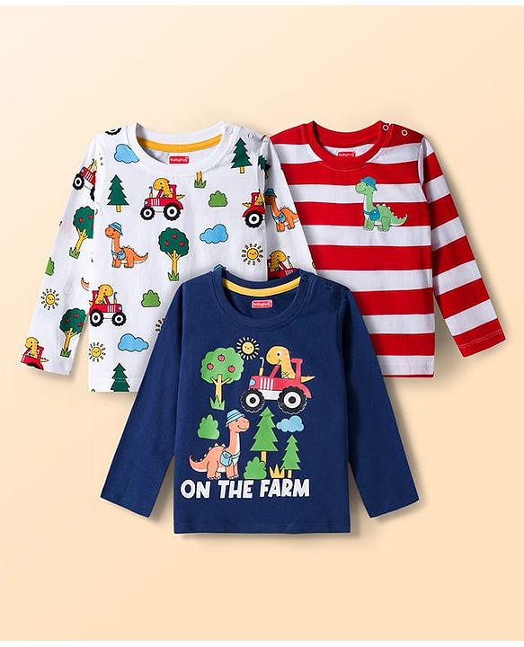 Babyhug 100% Cotton Knit Full Sleeves T-Shirts with Dino Print & Stripes Pack of 3 - Navy Blue White & White
